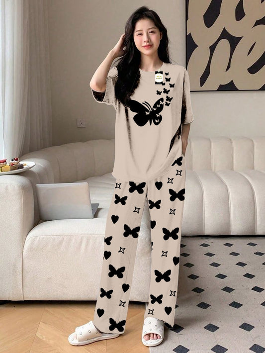 Grey Flying Butterfly Printed Nightwear Set With Star Butterfly Printed Trousers – Women's Lounge Wear (010)