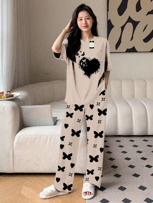 Grey Flying Heart Printed Nightwear Set With Star Butterfly Printed Trousers – Women's Lounge Wear (010)