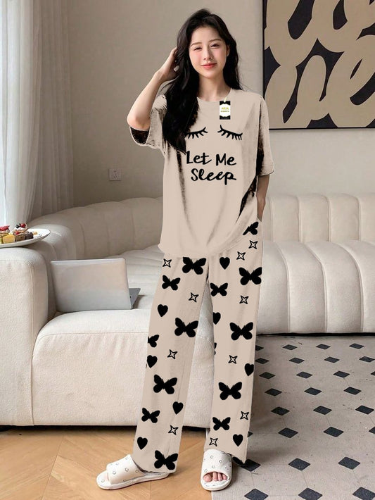 Grey Let ME Sleep Printed Nightwear Set With Star Butterfly Printed Trousers – Women's Lounge Wear (010)