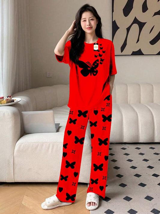 Red Flying Butetrfly Printed Nightwear Set With Star Butterfly Printed Trousers – Women's Lounge Wear (010)