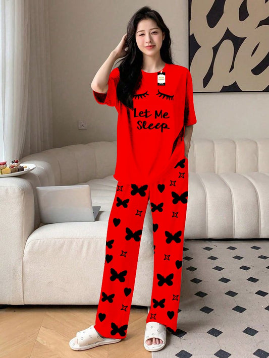 Red Let Me Sleep Printed Nightwear Set With Star Butterfly Printed Trousers – Women's Lounge Wear (010)