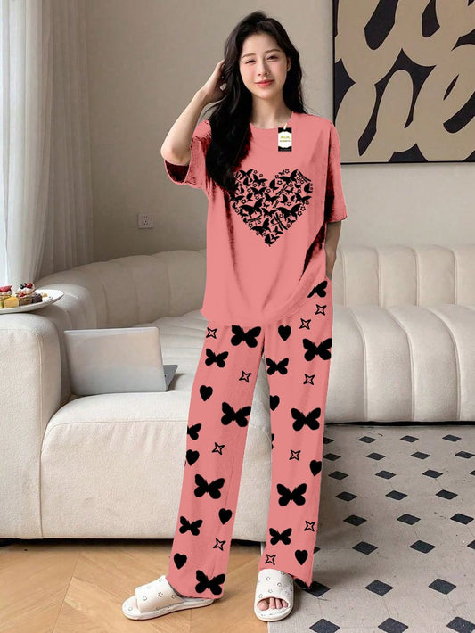 Peach Butterfly Heart Printed Nightwear Set With Star Butterfly Printed Trousers – Women's Lounge Wear (010)