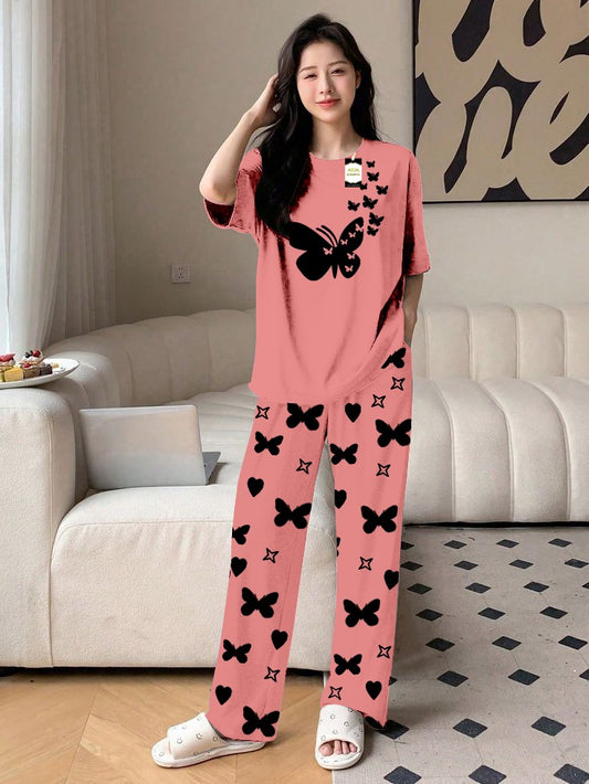 Peach Flying Butterfly Printed Nightwear Set With Star Butterfly Printed Trousers – Women's Lounge Wear (010)