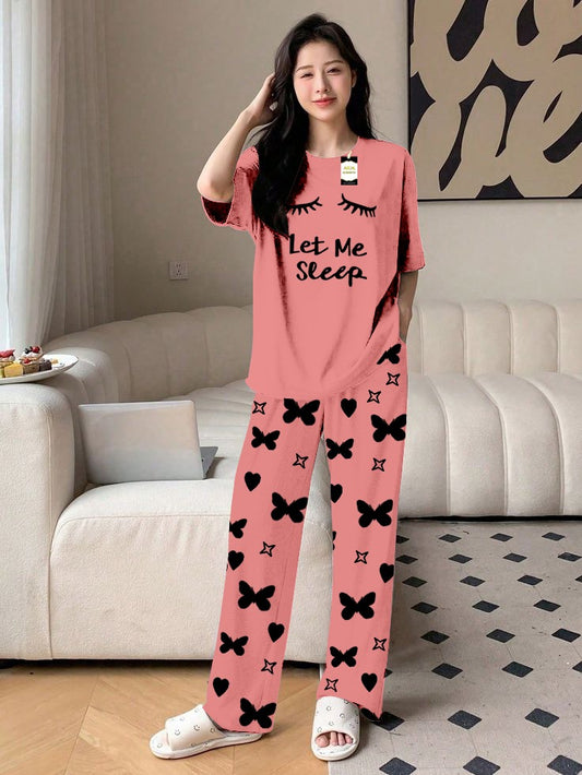 Peach Let ME Sleep Printed Nightwear Set With Star Butterfly Printed Trousers – Women's Lounge Wear (010)
