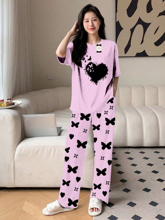 Purple Flying Heart Printed Nightwear Set With Star Butterfly Printed Trousers – Women's Lounge Wear (010)