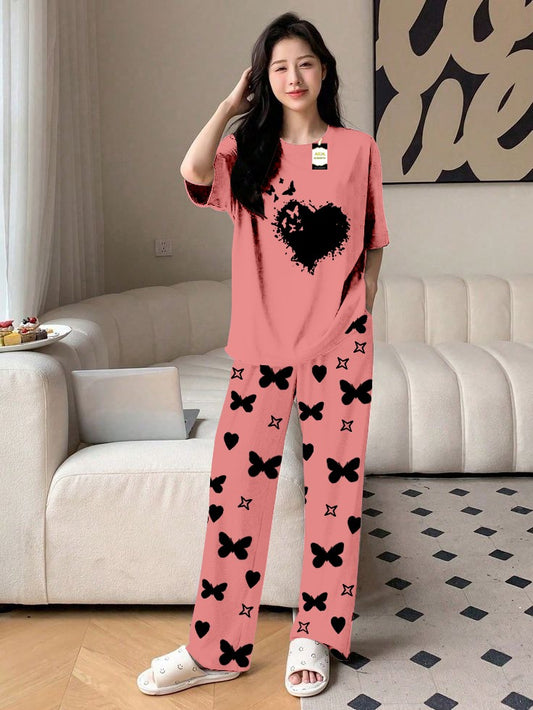 Peach Flying Butterfly Printed Nightwear Set With Star Butterfly Printed Trousers – Women's Lounge Wear (010)