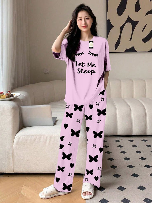 Purple Let Me Sleep Printed Nightwear Set With Star Butterfly Printed Trousers – Women's Lounge Wear (010)