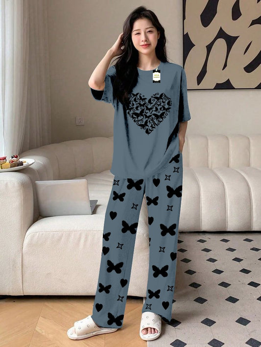 Aqua Blue Butterfly Heart Printed Nightwear Set With Star Butterfly Printed Trousers – Women's Lounge Wear (010)