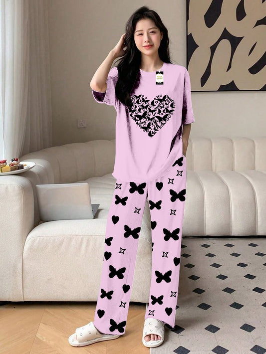 Purple Butterfly Heart Printed Nightwear Set With Star Butterfly Printed Trousers – Women's Lounge Wear (010)
