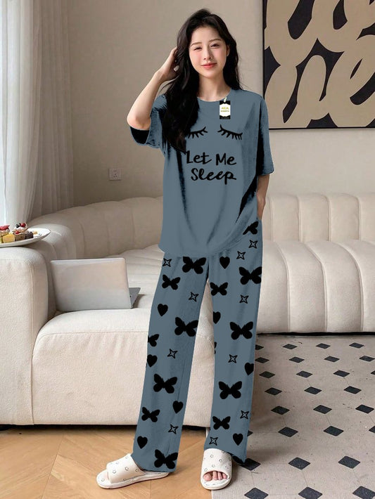 Aqua Let me Sleep Printed Nightwear Set With Star Butterfly Printed Trousers – Women's Lounge Wear (010)