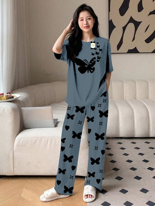 Aqua Flying Butterfly Printed Nightwear Set With Star Butterfly Printed Trousers – Women's Lounge Wear (010)