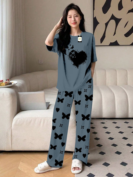 Aqua Blue  Flying Heart Printed Nightwear Set With Star Butterfly Printed Trousers – Women's Lounge Wear (010)