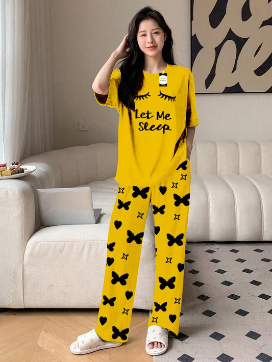 Yellow Let Me Sleep Printed Nightwear Set With Star Butterfly Printed Trousers – Women's Lounge Wear (010)