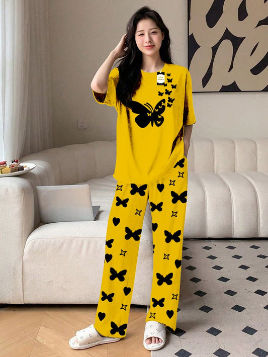 Yellow Flying Butterfly Printed Nightwear Set With Star Butterfly Printed Trousers – Women's Lounge Wear (010)