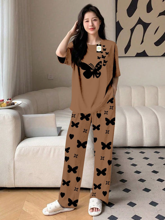 Brown Flying Butterfly Printed Nightwear Set With Star Butterfly Printed Trousers – Women's Lounge Wear (010)