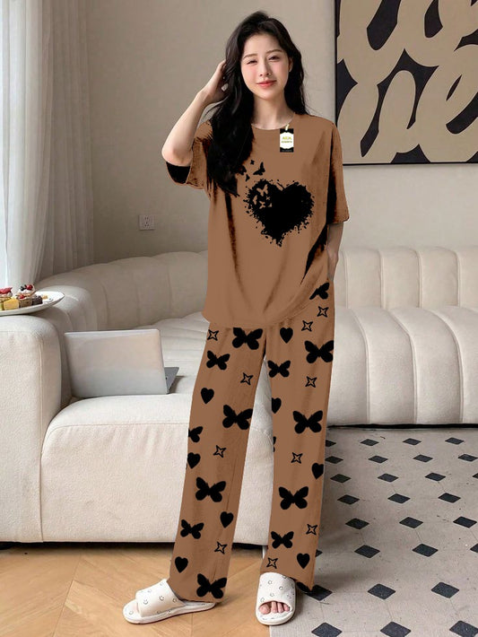 Beige Flying Heart Printed Nightwear Set With Star Butterfly Printed Trousers – Women's Lounge Wear (010)
