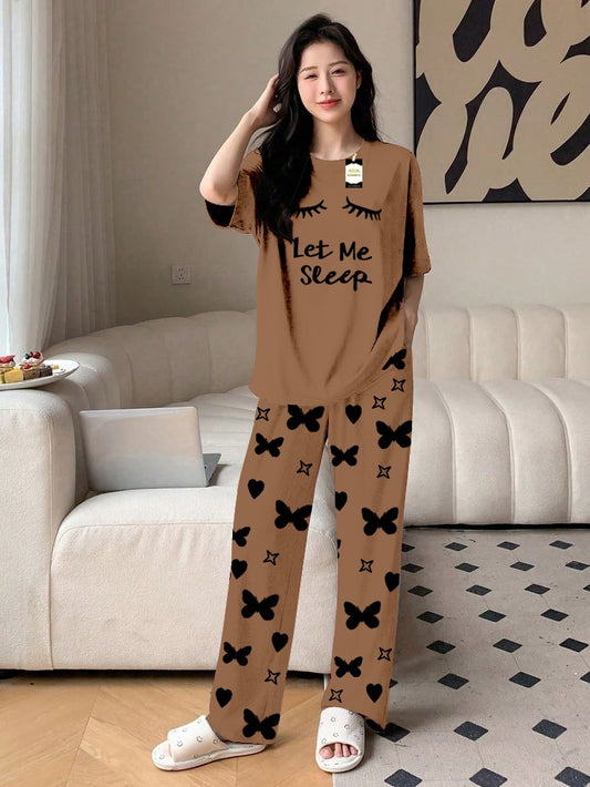 Brown Let Me Sleep Printed Nightwear Set With Star Butterfly Printed Trousers – Women's Lounge Wear (010)