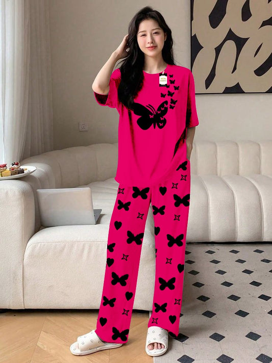 Pink Flying Butterfly Printed Nightwear Set With Star Butterfly Printed Trousers – Women's Lounge Wear (010)