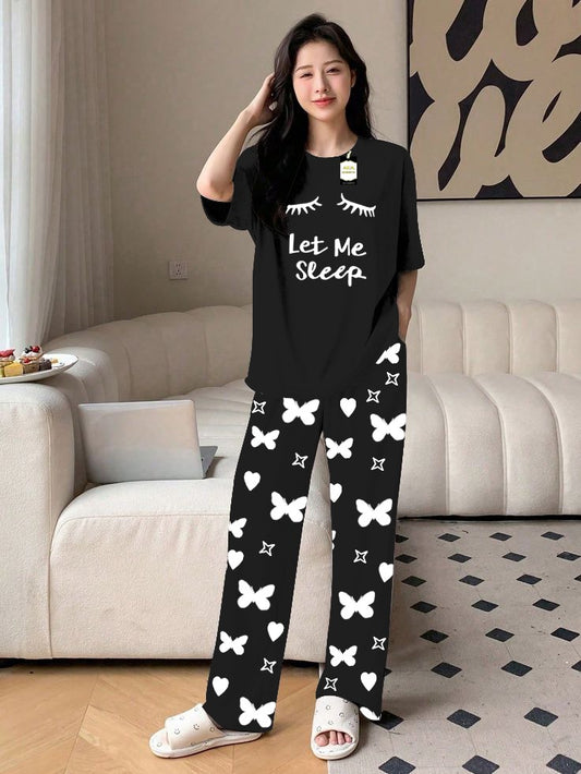 Black Let Me Sleep Printed Nightwear Set With Star Butterfly Printed Trousers – Women's Lounge Wear (010)