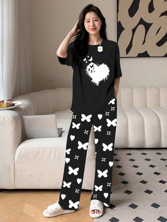 Black Flying Heart Printed Nightwear Set With Star Butterfly Printed Trousers – Women's Lounge Wear (010)