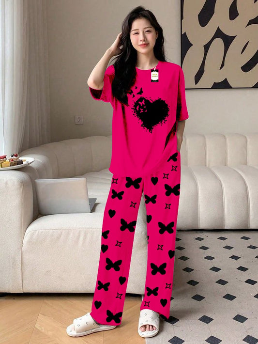 Pink Flying Heart Printed Nightwear Set With Star Butterfly Printed Trousers – Women's Lounge Wear (010)
