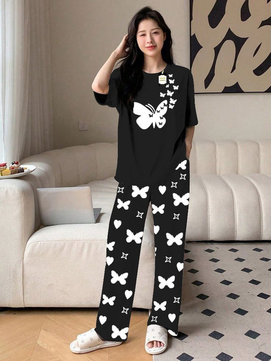 Black Flying Heart Printed Nightwear Set With Star Butterfly Printed Trousers – Women's Lounge Wear (010)