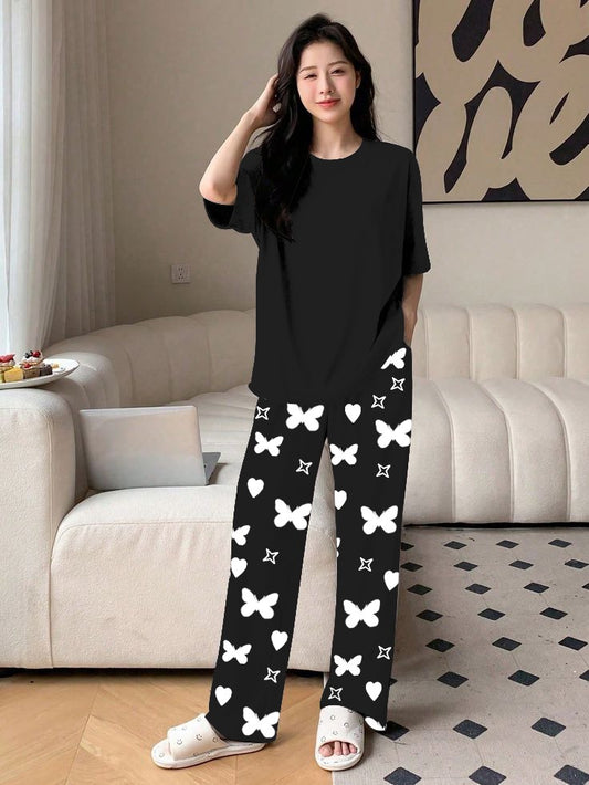 Plan Black Printed Nightwear Set With Star Butterfly Printed Trousers – Women's Lounge Wear (010)