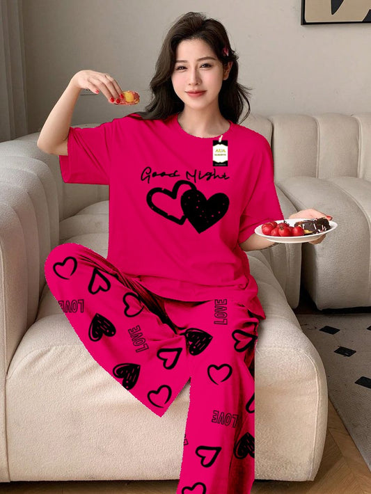 Pink Good Night Printed Nightwear Set With Love Heart Printed Trousers – Women's Lounge Wear (011)