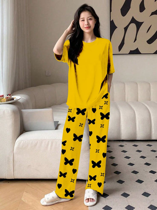 Plan Yellow  Printed Nightwear Set With Star Butterfly Printed Trousers – Women's Lounge Wear (010)