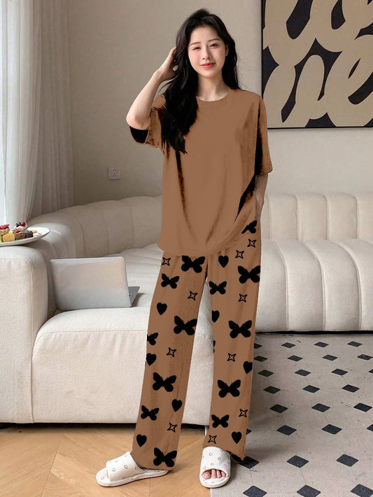 Plan Brown Printed Nightwear Set With Star Butterfly Printed Trousers – Women's Lounge Wear (010)