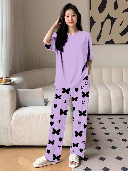 Plan Purple Printed Nightwear Set With Star Butterfly Printed Trousers – Women's Lounge Wear (010)