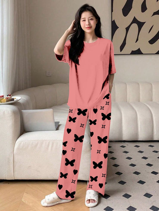 Plan Peach Printed Nightwear Set With Star Butterfly Printed Trousers – Women's Lounge Wear (010)