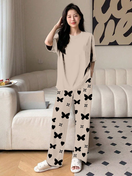 Plan Grey Printed Nightwear Set With Star Butterfly Printed Trousers – Women's Lounge Wear (010)