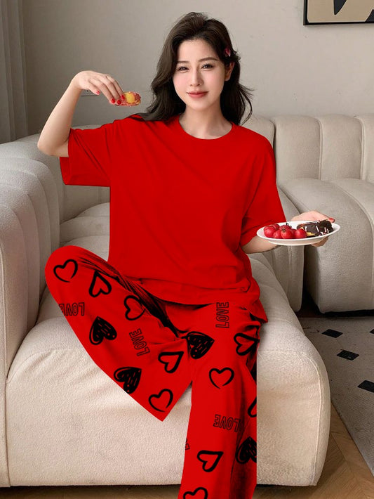 PLAN RED Printed Nightwear Set With Love Heart Printed Trousers – Women's Lounge Wear (011)
