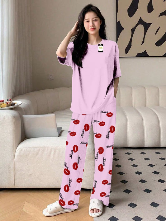 Plan Baby Pink Printed Nightwear Set With Kiss Printed Trousers – Women's Lounge Wear (014)