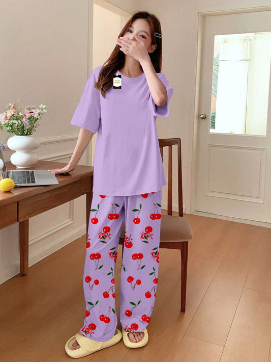 Plan Purple Printed Nightwear Set With Cherry Printed Printed Trousers – Women's Lounge Wear (014)