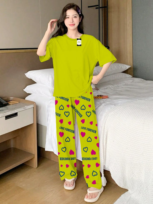 Plan Green Printed Nightwear Set With Love Forever Printed Trousers – Women's Lounge Wear (013)