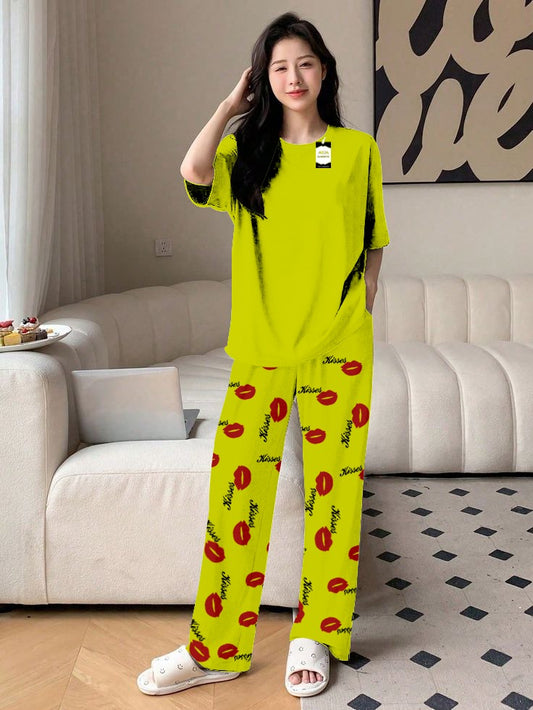 Plan Green Printed Nightwear Set With Kiss Printed Trousers – Women's Lounge Wear (014)
