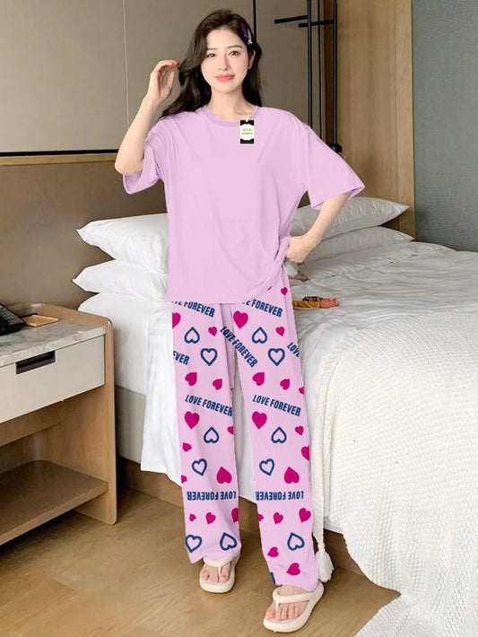Plan Baby Pink Nightwear Set With Love Forever Printed Trousers – Women's Lounge Wear (013)