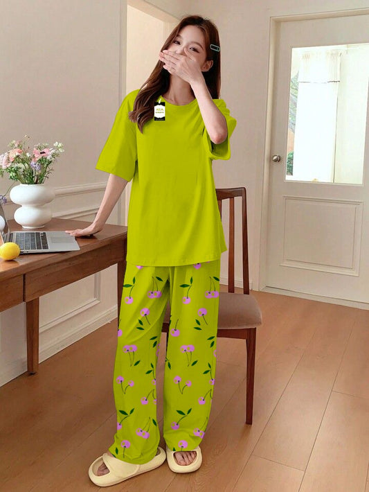 Plan Green Printed Nightwear Set With Cherry Printed Printed Trousers – Women's Lounge Wear (014)