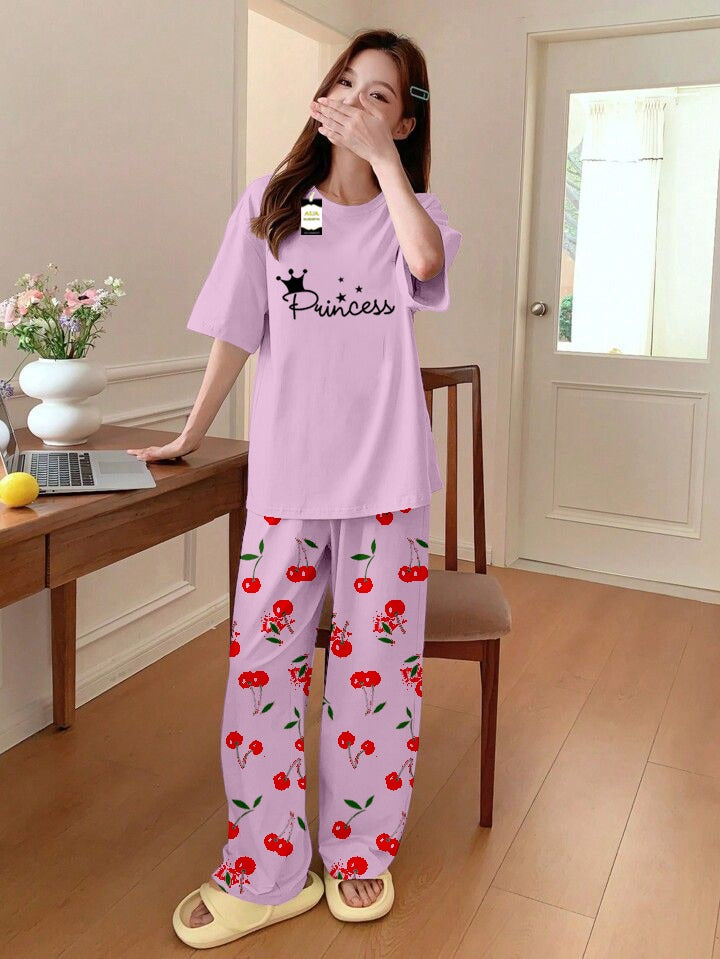 Baby Pink Princess Printed Nightwear Set With Cherry Printed Printed Trousers – Women's Lounge Wear (014)