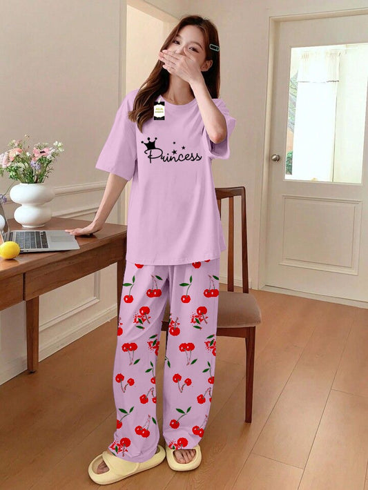 Baby Pink Princess Printed Nightwear Set With Cherry Printed Printed Trousers – Women's Lounge Wear (014)