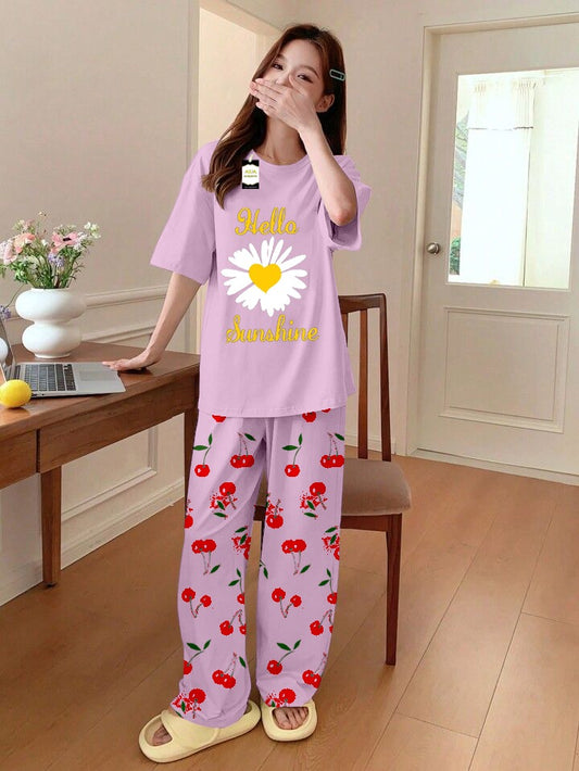 Baby Pink Sunflower Printed Nightwear Set With Cherry Printed Printed Trousers – Women's Lounge Wear (014)