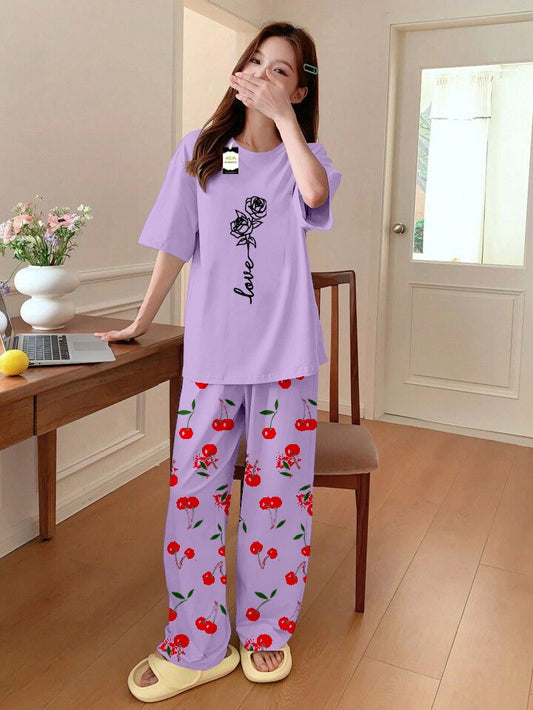 PURPLE ROSE LOVE Printed Nightwear Set With Cherry Printed Printed Trousers – Women's Lounge Wear (014)