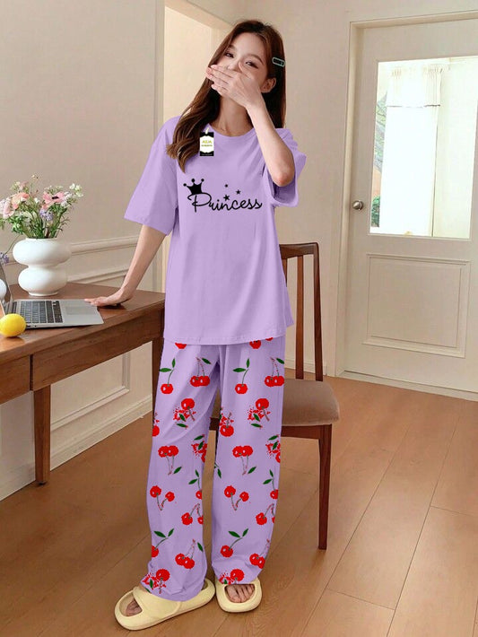 PURPLE PRINCESS Printed Nightwear Set With Cherry Printed Printed Trousers – Women's Lounge Wear (014)