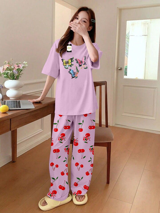 Baby Pink muLTI bUTTERFLY Printed Nightwear Set With Cherry Printed Printed Trousers – Women's Lounge Wear (014)