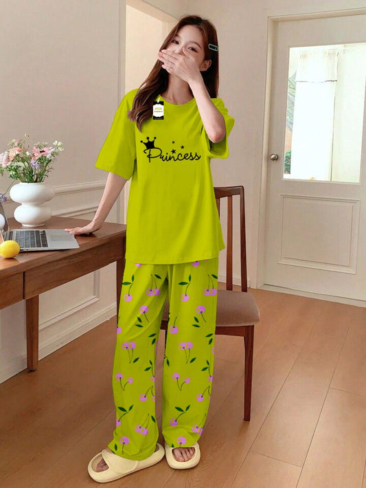 GREEN PRINCESS Printed Nightwear Set With Cherry Printed Printed Trousers – Women's Lounge Wear (014)
