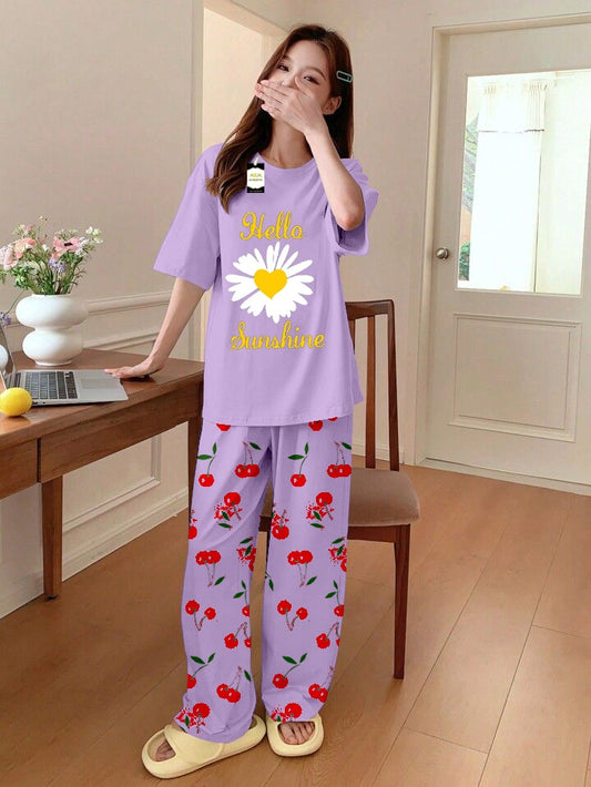 PURPLE SUNFLOWER Printed Nightwear Set With Cherry Printed Printed Trousers – Women's Lounge Wear (014)