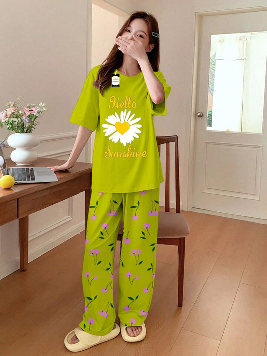 GREEN SUNFLOWER Printed Nightwear Set With Cherry Printed Printed Trousers – Women's Lounge Wear (014)