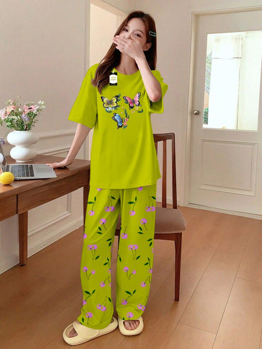 GREEN MULTI HEART Printed Nightwear Set With Cherry Printed Printed Trousers – Women's Lounge Wear (014)